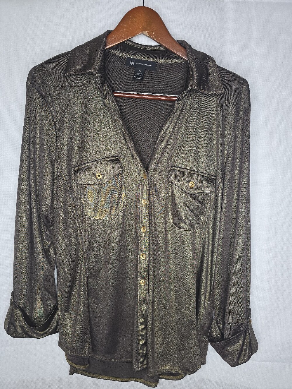 INC International Concepts Metallic Shirt Gold Shimmer 3/4 Roll Tab Sleeve XL